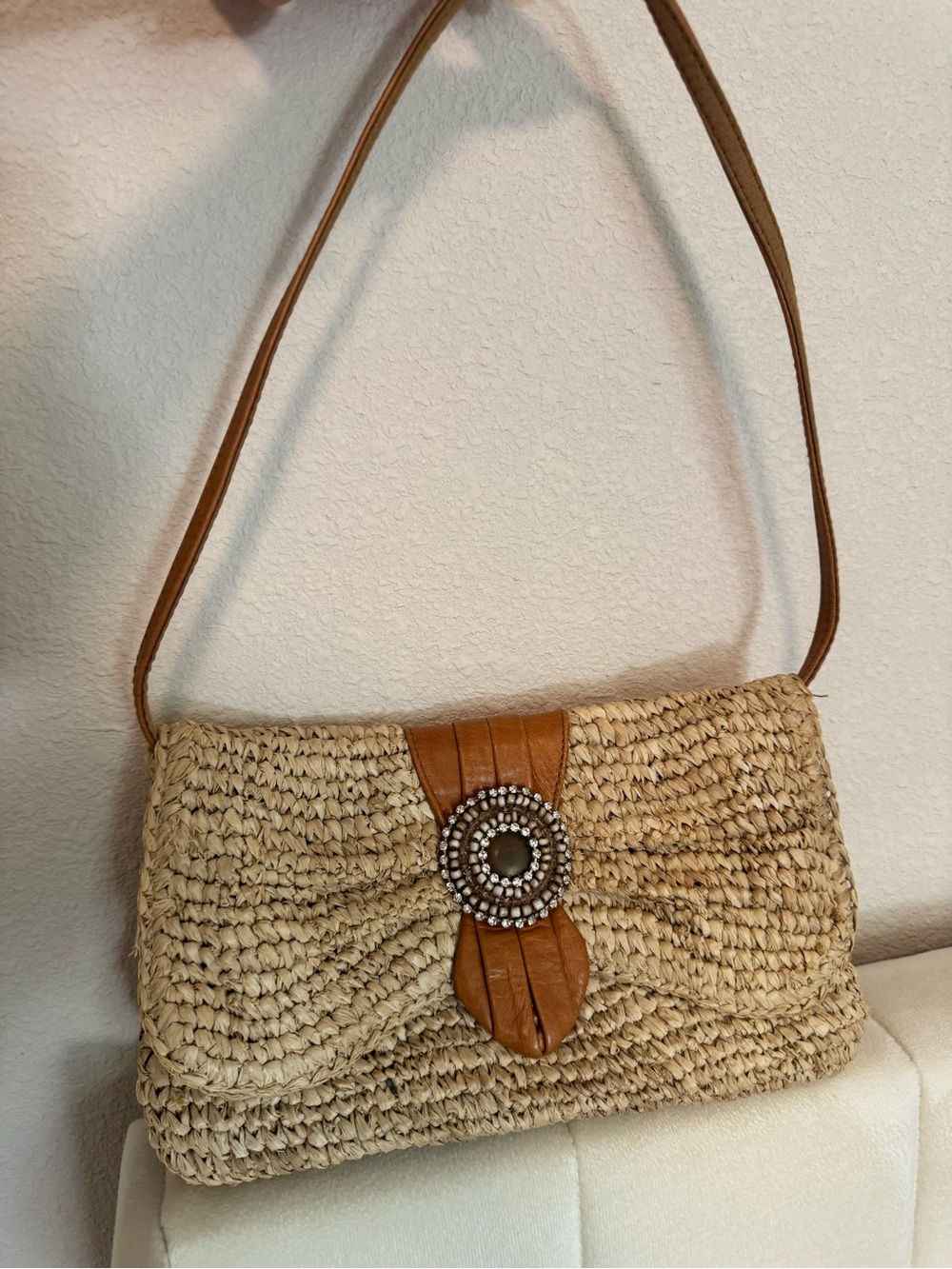 Woven Tommy Bahama  Straw Shoulder Bag with Leather Accent in Tan
